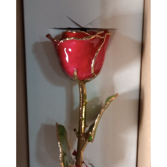 24k Gold Trim Red Rose & Small Bud Vase Set Lacquer Dipped - Picture 9 of 9